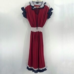 Vintage Diane Freis Red White Blue Short Sleeve Ruffle Gorgette Maxi Dress